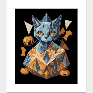 Geometric Halloween Cat Posters and Art